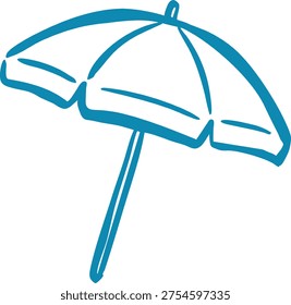 Blue line drawing of a beach umbrella with curved canopy and central pole