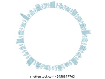 Blue line drawing cityscape circular frame. Vector illustration. Frame design for buildings such as houses, buildings, and commercial facilities. The blank space in the middle is text space.
