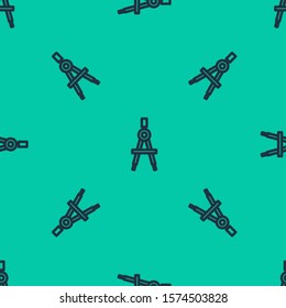 Blue line Drawing compass icon isolated seamless pattern on green background. Compasses sign. Drawing and educational tools. Geometric instrument.  Vector Illustration