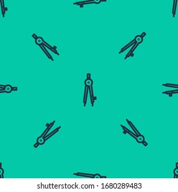 Blue line Drawing compass icon isolated seamless pattern on green background. Compasses sign. Drawing and educational tools. Geometric instrument.  Vector Illustration