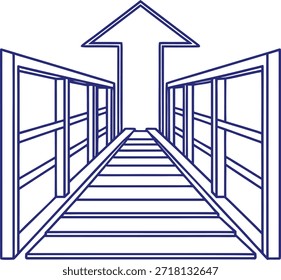 desenho em linha azul de um corredor com uma seta apontando para cima sobre um fundo transparente