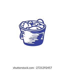 Un dibujo de línea azul representa un cubo rústico lleno de papas u otros alimentos contra un fondo blanco.