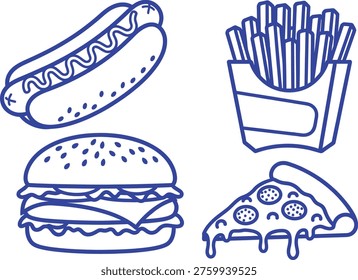 A blue line drawing of four popular fast food items: hot dog, french fries, hamburger, and pizza slice.