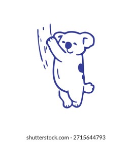 Un dibujo de línea azul de un oso koala abrazando felizmente un árbol