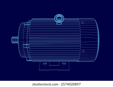 Blue line drawing of a motor. The motor is shown in a 3D format. The motor is a large, powerful piece of machinery