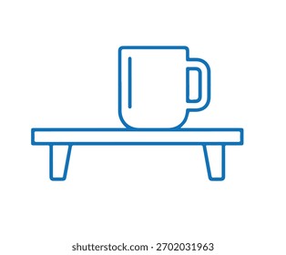 A blue line drawing of a mug sitting on a small table, the mug is simple and modern, with a handle and a straight line on the side