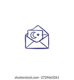 A blue line drawing of an open envelope with a card inside displaying a crescent moon and star.