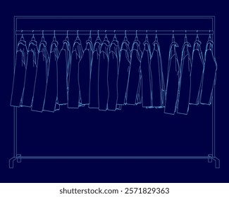 Blue line drawing of a row of clothes hanging on a rack. The clothes are all different colors and styles, and the rack is tall and narrow. Concept of organization and order