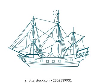 Blue line drawing of sea ship, frigate, caravel. Detailed drawing, illustration, vector