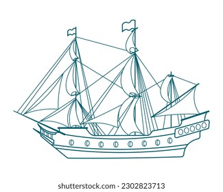Blue line drawing of sea ship, frigate, caravel. Detail drawing, illustration, vector