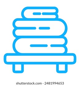 A blue line drawing of a stack of towels on a shelf with legs.