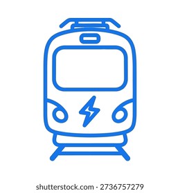 A blue line drawing of a train with a lightning symbol