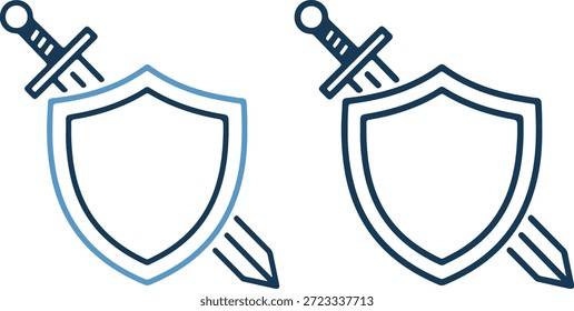 Un dibujo de línea azul de dos escudos con espadas a cada lado para protección y defensa sobre un fondo blanco con un esquema de color azul claro y azul oscuro.