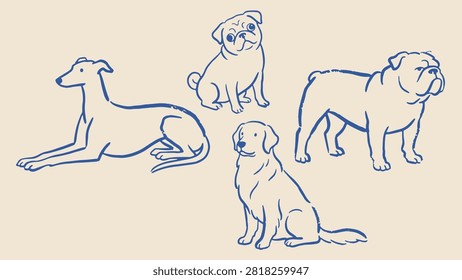 Blue line drawings of four dog breeds in varied poses on beige background highlighting distinct body shapes and postures