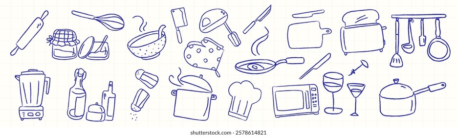 Blue line drawings of kitchen utensils and appliances, including pots, pans, and toasters, arranged in a pattern on a light background. Kitchen illustrations, isolated element vector set.