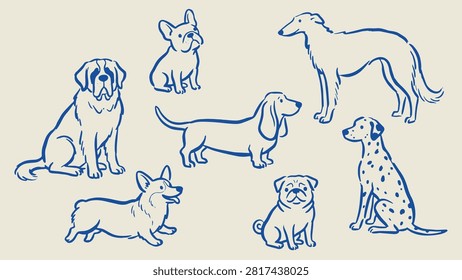 Blue line drawings of seven different dog breeds in varied poses on beige background showcasing diversity in minimal stylized art