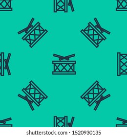 Blue line Drum with drum sticks icon isolated seamless pattern on green background. Music sign. Musical instrument symbol. Vector Illustration Blue line Drum with drum sticks icon isolated seamless pattern on green background. Music sign. Musical instrument symbol. Vector Illustration