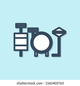 Blue line Drums icon isolated on blue background. Music sign. Musical instrument symbol.  Vector Illustration