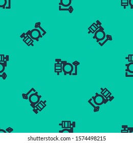 Blue line Drums icon isolated seamless pattern on green background. Music sign. Musical instrument symbol.  Vector Illustration