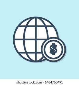 Blue line Earth globe with dollar symbol icon isolated on blue background. World or Earth sign. Global internet symbol. Geometric shapes.  Vector Illustration