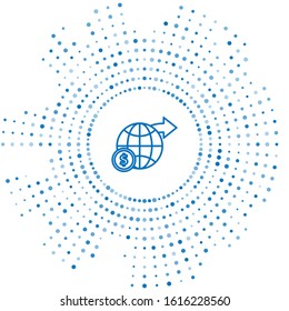 Blue line Earth globe with dollar symbol icon isolated on white background. World or Earth sign. Global internet symbol. Geometric shapes. Abstract circle random dots. Vector Illustration