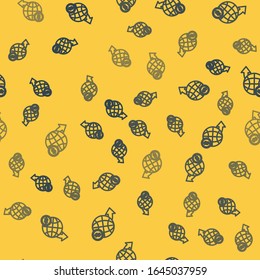 Blue line Earth globe with dollar symbol icon isolated seamless pattern on yellow background. World or Earth sign. Global internet symbol. Geometric shapes.  Vector Illustration