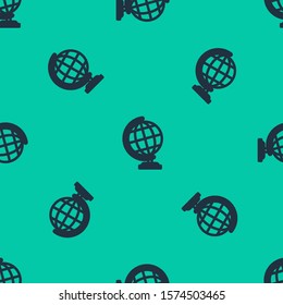 Blue line Earth globe icon isolated seamless pattern on green background.  Vector Illustration