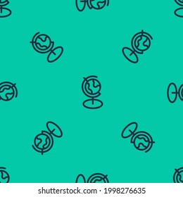 Blue line Earth globe icon isolated seamless pattern on green background.  Vector