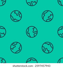 Blue line Earth globe icon isolated seamless pattern on green background. World or Earth sign. Global internet symbol. Geometric shapes.  Vector