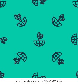 Blue line Earth globe and leaf icon isolated seamless pattern on green background. World or Earth sign. Geometric shapes. Environmental concept.  Vector Illustration