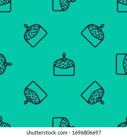 Blue line Easter cake and candle icon isolated seamless pattern on green background. Happy Easter.  Vector Illustration