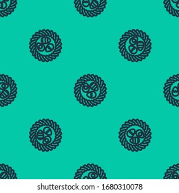 Blue line Easter egg in a wicker nest icon isolated seamless pattern on green background. Happy Easter.  Vector Illustration