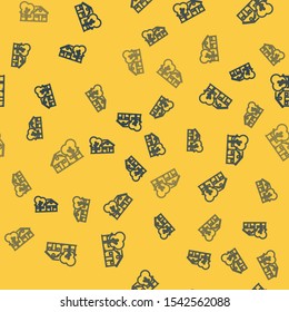 Blue line Eco friendly house icon isolated seamless pattern on yellow background. Eco house with tree.  Vector Illustration