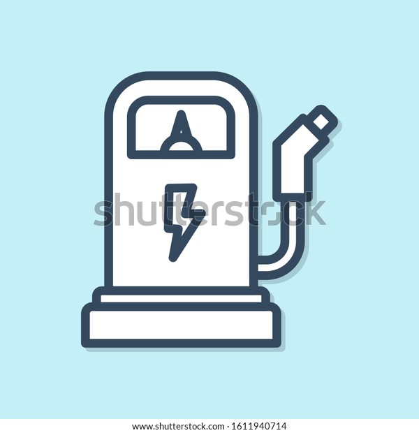 Blue line Electric car charging station icon\
isolated on blue background. Eco electric fuel pump sign.  Vector\
Illustration
