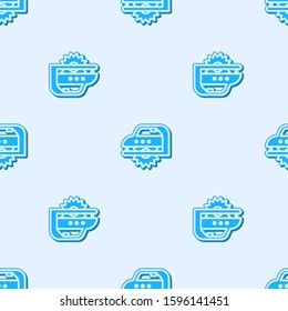 Blue line Electric circular saw with steel toothed disc icon isolated seamless pattern on grey background. Electric hand tool for cutting wood or metal.  Vector Illustration