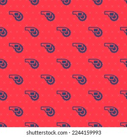 Blue line Electric circular saw with steel toothed disc icon isolated seamless pattern on red background. Electric hand tool for cutting wood or metal.  Vector