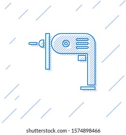 Blue line Electric drill machine icon isolated on white background. Repair tool.  Vector Illustration