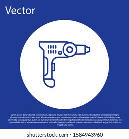 Blue line Electric drill machine icon isolated on blue background. Repair tool. White circle button. Vector Illustration