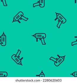Blue line Electric drill machine icon isolated seamless pattern on green background. Repair tool.  Vector Illustration