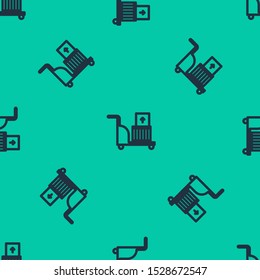 Blue line Electric hand truck and boxes icon isolated seamless pattern on green background. Dolly symbol.  Vector Illustration
