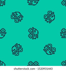 Blue line Electric iron icon isolated seamless pattern on green background. Steam iron.  Vector Illustration