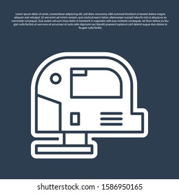 Blue line Electric jigsaw with steel sharp blade icon isolated on blue background. Power tool for woodwork.  Vector Illustration
