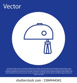 Blue line Electric mixer icon isolated on blue background. Kitchen blender. White circle button. Vector Illustration