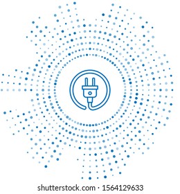 Blue line Electric plug icon isolated on white background. Concept of connection and disconnection of the electricity. Abstract circle random dots. Vector Illustration