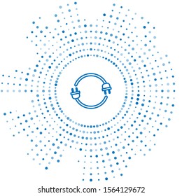 Blue line Electric plug icon isolated on white background. Concept of connection and disconnection of the electricity. Abstract circle random dots. Vector Illustration