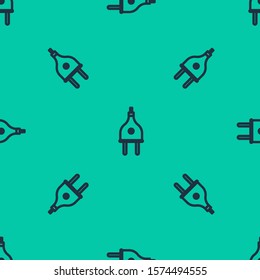 Blue line Electric plug icon isolated seamless pattern on green background. Concept of connection and disconnection of the electricity.  Vector Illustration