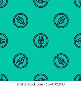 Blue line Electric plug icon isolated seamless pattern on green background. Concept of connection and disconnection of the electricity.  Vector Illustration