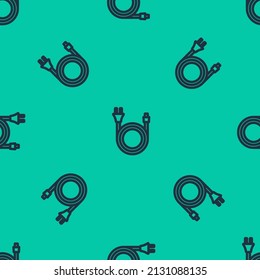 Blue line Electric plug icon isolated seamless pattern on green background. Concept of connection and disconnection of the electricity.  Vector