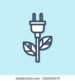 Blue line Electric saving plug in leaf icon isolated on blue background. Save energy electricity icon. Environmental protection icon. Bio energy.  Vector Illustration