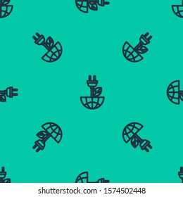 Blue line Electric saving plug in leaf icon isolated seamless pattern on green background. Save energy electricity icon. Environmental protection icon. Bio energy.  Vector Illustration